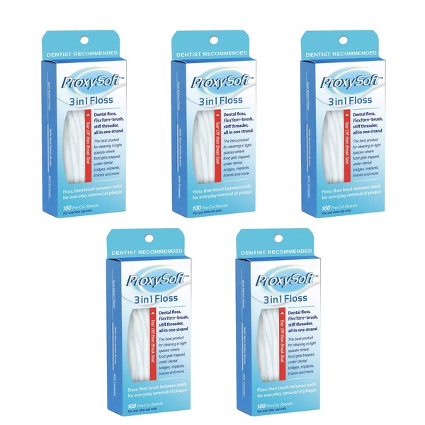 ProxySoft 3-in-1 Dental Floss for Optimal Teeth Flossing​- 5 Packs Pre-Cut Ortho Floss Threaders for Braces, Tight Spaces, Bridges, Implants with Built-in Soft Proxy Brush and Stiff Threader Flosser