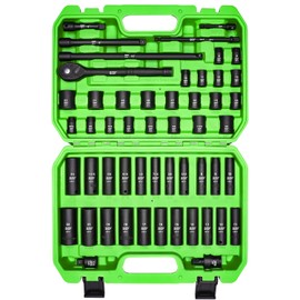 SUNHZMCKP 3/8" Drive Impact Socket Set, 52 Piece Standard SAE (5/16-3/4 inch) and Metric (8-22mm) Shallow & Deep 6 Point Sockets, 3/8-In Ratchet Handle, Extension Bars, Adapters, Universal Joint, CR-V