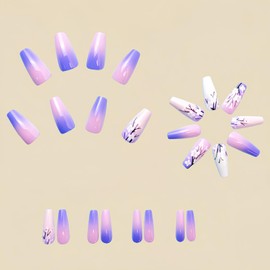 Press On Nails Coffin Fake Nails Flowers Stick On Nails Purple Gradient Glue On Nails Glossy Shiny Artificial Nails Full Cover Acrylic Nail Kit For Women Girl 24pcs