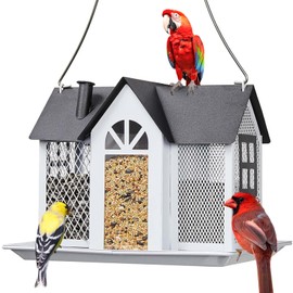 YMWVH Hanging Bird Feeder House for Outside, Metal Mesh Wild Bird Feeder with Triple Feeders for Finch Cardinal Chickadee, Large Capacity& Durable (White)