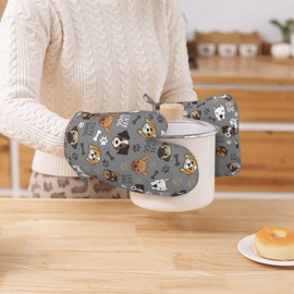 Cute Dog Oven Mitts and Pot Holders Sets Heat Resistant Non-Slip Silicone Oven Gloves Kitchen Accessories for Cooking Baking Grilling BBQ