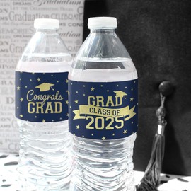 Blue and Gold Graduation Party Water Bottle Labels, Class of 2025 Water Bottle Waterproof Wrappers - 24 Stickers