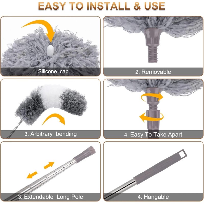 Microfiber Duster for Cleaning Fan, High Ceiling, Blinds, Gray, Silver