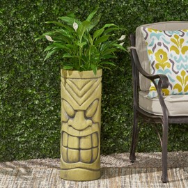Christopher Knight Home Jorine Lightweight Concrete Planter, Cast Stone Planter, Tiki Totem Urn, Tall Plant Pot, Polynesian Garden Pot with Drainage Hole for Backyard Hall Garden, Antique Green