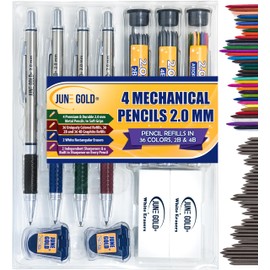 June Gold 4 Pro 2.0 mm Mechanical Pencils, 36 Colored, 36 2B, and 36 4B Refills, 2 Sharpeners, 2 Smudge Resistant Erasers, Built in Sharpeners & Soft Non-Slip Grip on Each Pencil