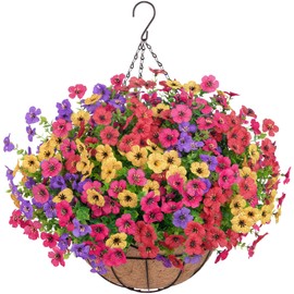 Artificial Hanging Flowers for Outdoors, UV Resistant Silk Flowers Basket Mixed Color Faux Daisy with Eucalyptus Leaves Hanging Fake Plants for Porch Balcony Patio Home Spring Summer Decoration