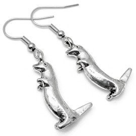 Otter Earrings, Tibetan Silver 3D Charms on Nickel Free Silver Tone Hooks : 43mm long, Charm Earring Gift for Women, Otter Lover Jewellery, Wild Animal Drop Earrings