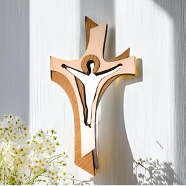 Kaltner Präsente Geschenkidee - 30 cm Wandkreuz Echtes Holz Kreuz Kruzifix Auferstehungskreuz für die Wand modern gefertigt im Grödner Tal Südtirol