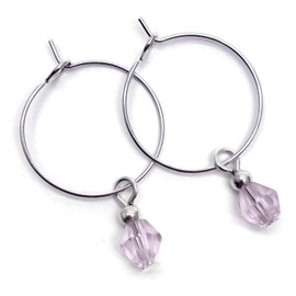 Pale Pink Bicone Bead Silver Tone Hoop Earrings - 6mm Beads on 20mm Nickelfree Hoops