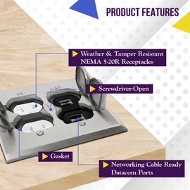 Enerlites 975549-S-D Nickel Plated Brass 2-Gang Floor Box Flip Open Assembly, 20A Tamper Weather Resistant Duplex Electrical Outlet, RJ45 Ready Data Ports,