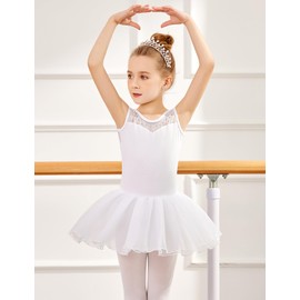 Zaclotre Ballet Leotards for Girls Sparkly Sleevesless Mesh Dance Leotards White Flower Girl Dress,White,4-5T