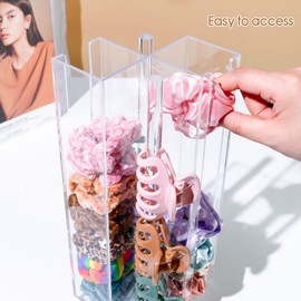 MOFASVIGI Acrylic Scrunchie Holder Claw Clip Organizer, 360°Rotating Hair Ties Display Stand, 4 Tier Hair Bobble Storage Organizer for Bracelets Bangle Watches, 28x11x11CM