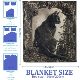 Plistiz Black Cat Elegance Throw Blanket 50x60 Inch, Floral and Gothic Blankets for Unique Home Decor, Flannel Polyester, Black Cat for Cat Lovers Women