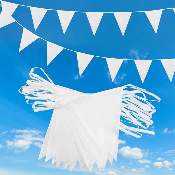 20m 52pcs White Pennant Bunting,Polyester Fabric Reusable Triangle Flags Banner