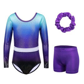 XFGIRLS Leotards for Girls Long Sleeve Sparkle Gymnastics Leotards Shiny Athletic Ballet Dance Shorts 218_DarkPurple_10A