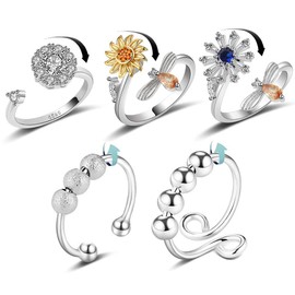 Juego de 5 anillos para ansiedad para mujer, anillo abierto ajustable, juguete para aliviar la ansiedad, abalorio doradas, flores rodantes, anillo de meditación, material de joyería de seguridad, regalo para mujeres, Operating adjustable, Metal no precio