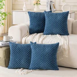Cozoomy Set of 4 Blue Decorative Throw Pillow Covers 18x18 Inch Corduroy Pillow Covers for Bed Couch Sofa Living Room Soft Square Cushion Cases