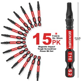 Geinxurn 15 Pieces T10 Impact Tough Magnetic Screwdriver Bit Set, 2 In. #10 Torx Head Power Bit Set, S2 Alloy Steel T10 Star Bit Set