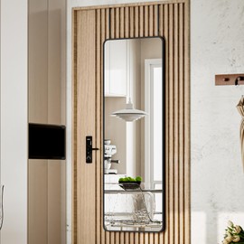 BEAUTYPEAK 14"x48" Full Length Over The Door Mirror, Aluminum Alloy Frame Full Body Mirror with Height-Adjustable Hangers, Hanging Mirrors for Bedroom, Living Room, Bathroom, Black