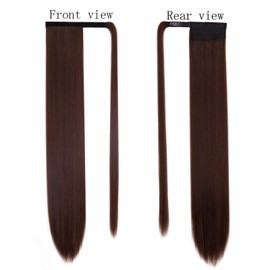 AZQUEEN Long Brown Ponytail Extension Straight, Synthetic Straight Pony tail Extension Wrap Around, Clip in Ponytail Extension for Women 28 Inch