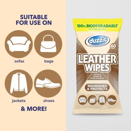 Duzzit Leather Wipes - Nourishes & Protects | 100% Biodegradable - Made From Plant Fibres | Cleans and Shines All Leather - Sofas, Jackets, Bags, Shoes & More (60 Biodegradable Wipes)