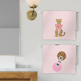 FIicy Pink Leopard Decor Hand Towels Set of 2 - Trendy Pink Preppy Leopard 8 Ball Kitchen Towels, Coquette Bow Cheetah Decor Hand Towel for Bathroom Kitchen, Preppy Coquette Bathroom Decor(16x24Inch)