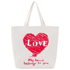 redaica Canvas Tote Bag for Women, Cute Cloth Tote Bag Aesthetic for Couples, Romantic Heart Pattern My Heart Belongs To You