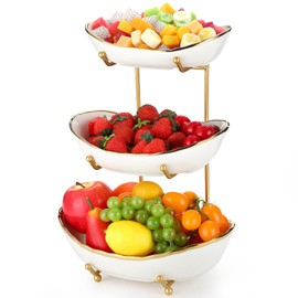 Honeydak 3 Tier Ceramic Fruit Bowl for Kitchen Counter Tiered Fruit Stands for Kitchen Counter Ceramic Serving Display Bowls with Metal Stand for Dessert Snack Vegetable Storage, Party, Cute & Small