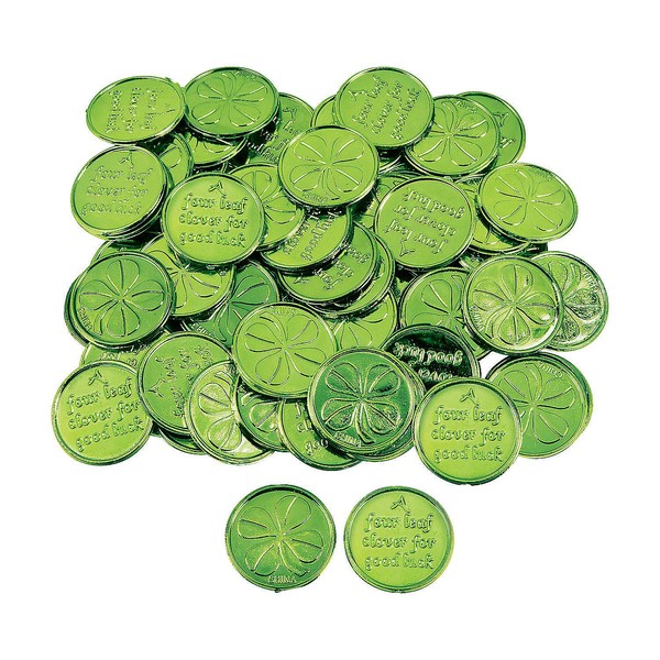 Fun Express Plastic 4-Leaf Clover Good Luck Coins for St. Patrick's Day (144 Coins) Party Favors & Decorations, Novelty Party Supplies