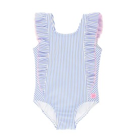 RuffleButts® - Traje de baño de una pieza con correa de volantes y protección solar UPF 50+, hierba doncella azul seersucker, 6-12 Meses