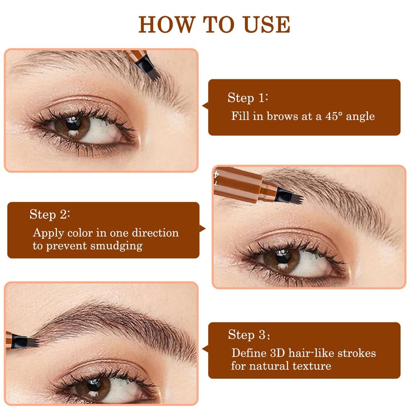 Eyebrow Pen Waterproof with 4 Micro-Fork Tip for Natural Long-Lasting
