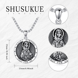 Shusukue St Divina Necklace 925 Sterling Silver Saint Dymphna Amulet Patron Saint Necklace, Medal Prayer Coins Pendant Christian Religious Jewellery for Women Men