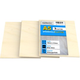 AUPROTEC 3x A5 Plywood Sheets 10mm Birch (148 mm x 210 mm) first class birchwood solid ply wood hardwood panels for arts and crafts fretsaw woodworking jigs painting drawing board