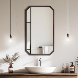 Artloge Modern Octagonal Mirror Decorative: 32x20 inch Mid-Century Mirrored Silver Wall Vanity with Walnut Black Finish Wood Frame for Bedroom, Bathroom, Living Room, Entryway