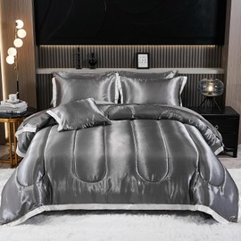 Grey Bedding Comforter Set Queen Size 8 Pieces Silky Sheet Set with White Ruffle Design Home Decor Silk Like Satin Bed in a Bag with 1 Cushion Cover (Queen, Grey)
