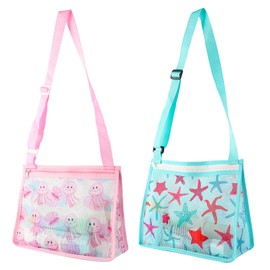 SacJkt Mesh Bag Sand Toy, Pack of 2 Sand Toy Bag with Adjustable Shoulder Straps and Zip, Bag for Sand Toys for Holidays by the Sea (Pink + Light Blue)