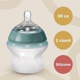 Biberón anticólicos de silicona para bebés Closer to Nature de Tommee Tippee, 5 oz., tetina similar a la del pecho para un agarre natural, válvula anticólicos, tacto suave, 2 unidades