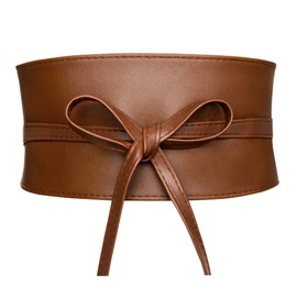 macoking Womens Faux Leather Wide Brown Cinch Belt Waistband Lace Up Wrap Around Obi Bowknot