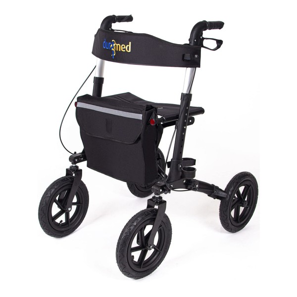 Dunimed Outdoor Rollator with Pneumatic Tyres and Seat - Shock Absorbing Large Pneumatic Tyres and Carry Bag - Folding Roller Frame - Robust and Foldable Design