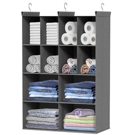 Ofiray-home 4 Tier Hanging Closet Organizer, 12 Compartments Sweater Organizer for Closet with 3 Sturdy Hooks, Closet Organizers and Storage, Wardrobe, Rv, Garment Rack, Grey