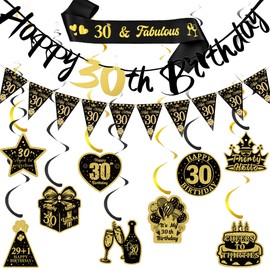 30th Birthday Party Decorations Banner - Black Gold Fabulous 30th Party Decor for Women Men, Happy 30 Years Old Birthday Banners Set with Sash Swirl Hangings