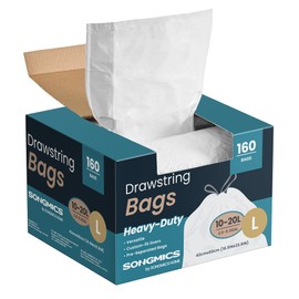 SONGMICS Trash Bags, 5.3-Gallon Heavy-Duty Garbage Bags with Drawstrings, 160 Count, Liner Code L, Quick-Dispense Box, Cream White UKRB021A04