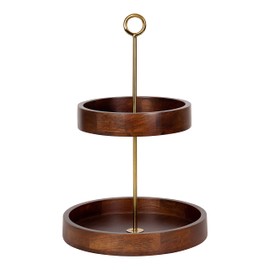 Kate and Laurel Lipton Modern Two Tier Tray, 13 x 13 x 20, Walnut Brown and Gold, Glam Decorative Tray