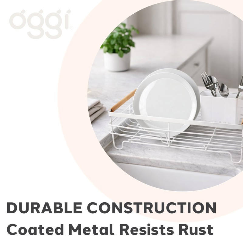 Oggi Large Dish Drying Rack - White & Bamboo Dish