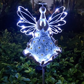 COOZZYHOUR 38Inch Angel Solar Lights Outdoor Decorative-Metal&Glass Angel Hydrangea Flower Garden Stake Lawn Light- Waterproof 30 Warm White LED for Remembrance Gifts & Sympathy Gifts(White