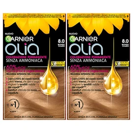 Garnier Olia Permanent Hair Colour without Ammonia, Colouring with Flower Oils of Natural Origin with Brightening and Nourishing Effect, Colour 8.0, Light Blonde, 2 Packs