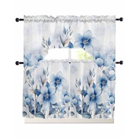 Tier and Swag Window Curtain Set,Summer Watercolor Blue Flowers Kitchen Valance Tier Curtains 3 Pieces Set,Summer Natural Plants Rod Pocket Valances Window Treatment for Living Room Bedroom