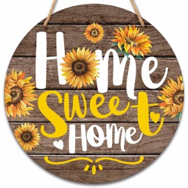 Welcome Sign for Front Door, Home Sweet Home Round Hanging Sign With Rope, Sunflower Wall Decor For Farmhouse Home Front Door Porch, Housewarming Gifts for Family Friend, A31