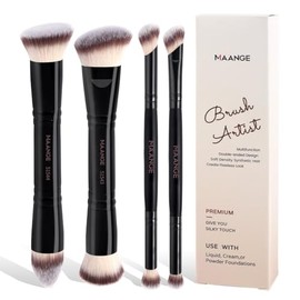 MAANGE Brochas para Maquillaje Profesional, 4 Brochas Maquillaje de Doble Punta Premium para Pulir Líquidos, Cremas, Polvos, Difuminar y Contornear el Rostro(Negro-2)