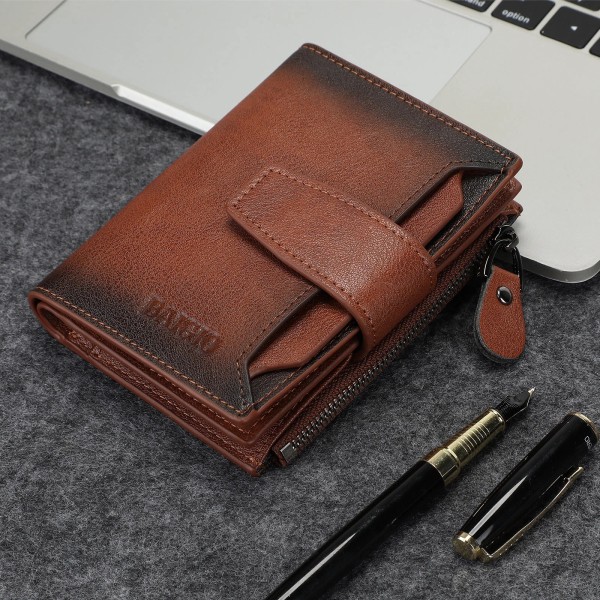BAIGIO Vintage Men Wallet Genuine Leather RFID Blocking Zipper Bifold